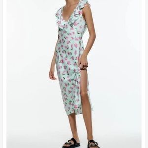 NWT - ZARA GREEN FLORAL PRINT SATIN MIDI DRESS WITH RUFFLE TRIMS SIZE XS
